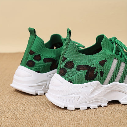 Women's Fashion Leopard Print Lace-Up Sneakers, Breathable Mesh Walking Shoes for Spring/Summer, Lightweight Comfortable Casual Sports Control Footwear with PVC Sole and Microfiber Insole