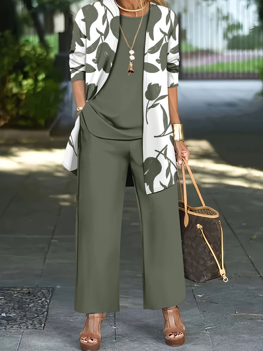 Plus Size - Women'S Plus Size Elegant Rose Print Cardigan, Solid Color Vest & Pants Set - Stylish Green Polyester Blend, High-Waisted Wide-Leg Pants, Long Sleeve Cardigan with Floral Print, Perfect for Spring/Summer/Fall, Cas