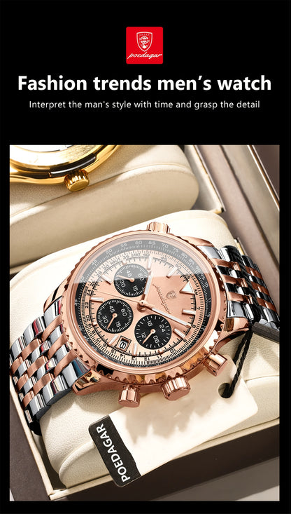 POEDAGAR Luxury Men's Quartz Watch -, Luminous Chronograph with Date Function, Stainless Steel Band & Zinc Alloy Case