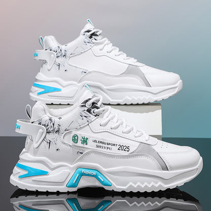 Men's Sneakers - Thick Platform Cushioned Sole, Lace-Up Closure, PU Upper & Non-Slip PVC Outsole - All-Season Gym, Casual, Everyday Sneakers - Black/White Colorway - Affordable Men's Footwear, Casual Walking, Trendy Kicks, Co