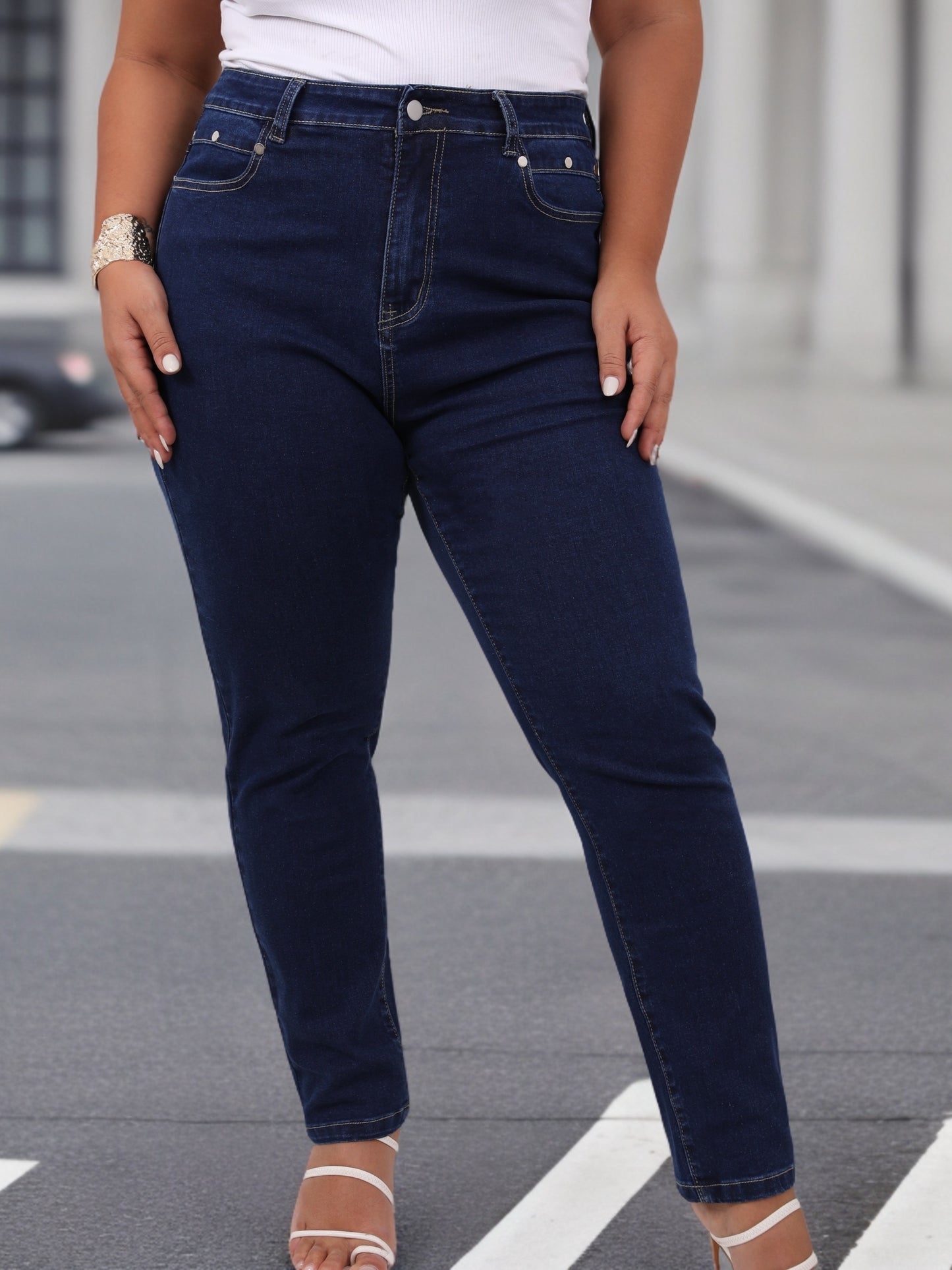 Plus Size Casual Jeans, Women's Plus Solid Button Fly High Rise High Stretch Jeans