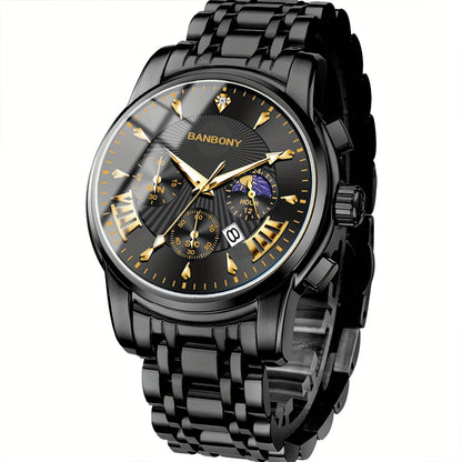 BANBONY Automatic Quartz Watch for Men & Women - Stainless Steel Strap, Blue & Golden HD Large Dial, IPX7 Waterproof, Rhinestone Accents, Date Calendar, Luminous Hands - Casual Fashion Unisex Watch for Birthday Holiday Gifts,