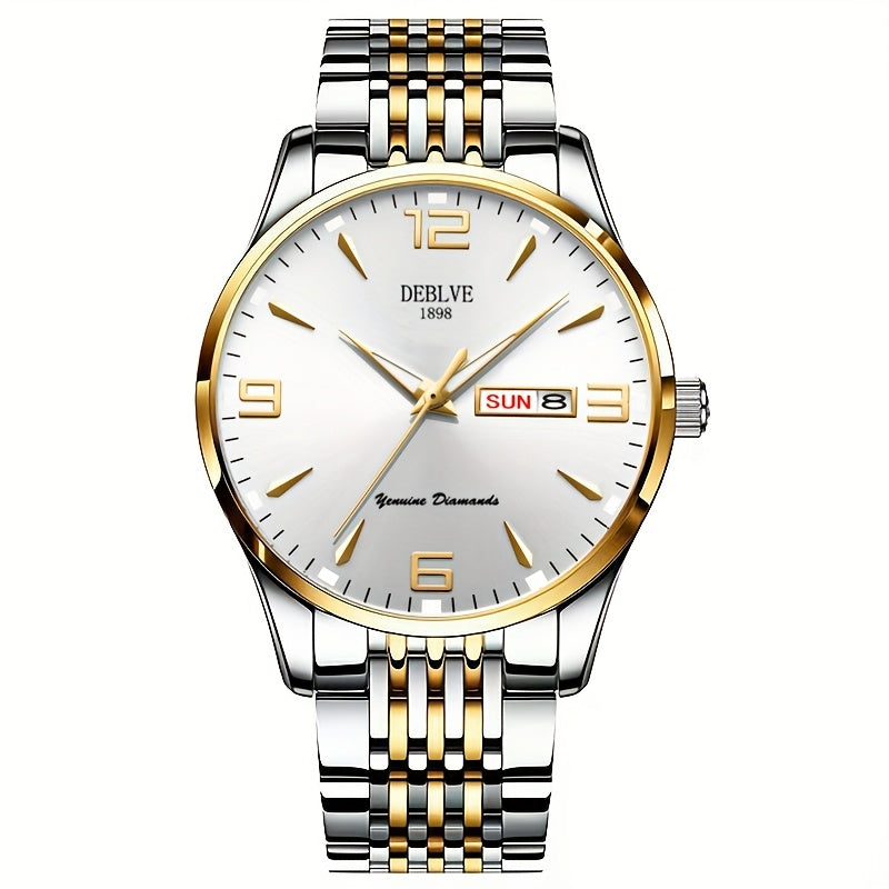 DEBLVE Men's Sleek Business Watch - Ultra-Thin Alloy, Luminous Hands, Calendar & Week Display, Waterproof, Sporty Steel Strap with Secure Clasp