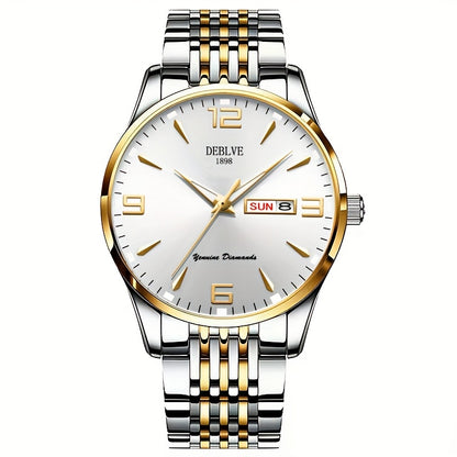 DEBLVE Men's Sleek Business Watch - Ultra-Thin Alloy, Luminous Hands, Calendar & Week Display, Waterproof, Sporty Steel Strap with Secure Clasp