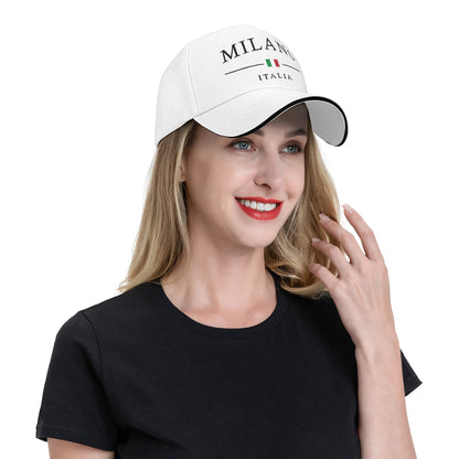 Adjustable Milan, Italy Print Baseball Cap - Breathable Polyester Dad Hat with Italian Flag Design, Black & White, Perfect for Outdoor Activities, Casual Wear, and Gifts