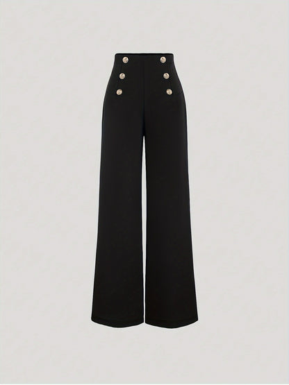 Women'S Elegant High-Waist Wide Leg Pants - Black Polyester Straight Leg with Button Detail, All-Season Fashionable Trousers for Casual or Dressy Wear
