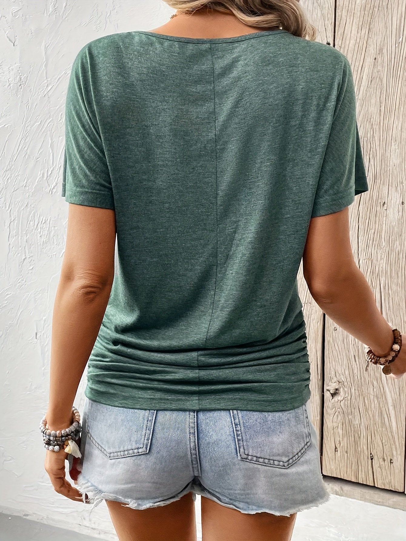Women'S V-Neck Ruched T-Shirt - Olive Green Casual Top with Short Sleeves, Frayed Hem, and Button Detail, Perfect for Summer Outfits, Casual Summer Wear | Vneck Top | Ruched Texture