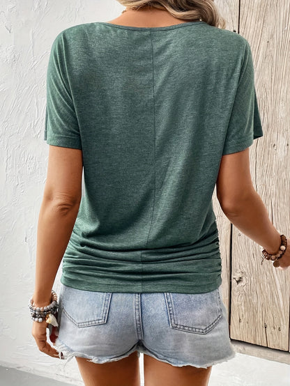 Women'S V-Neck Ruched T-Shirt - Olive Green Casual Top with Short Sleeves, Frayed Hem, and Button Detail, Perfect for Summer Outfits, Casual Summer Wear | Vneck Top | Ruched Texture