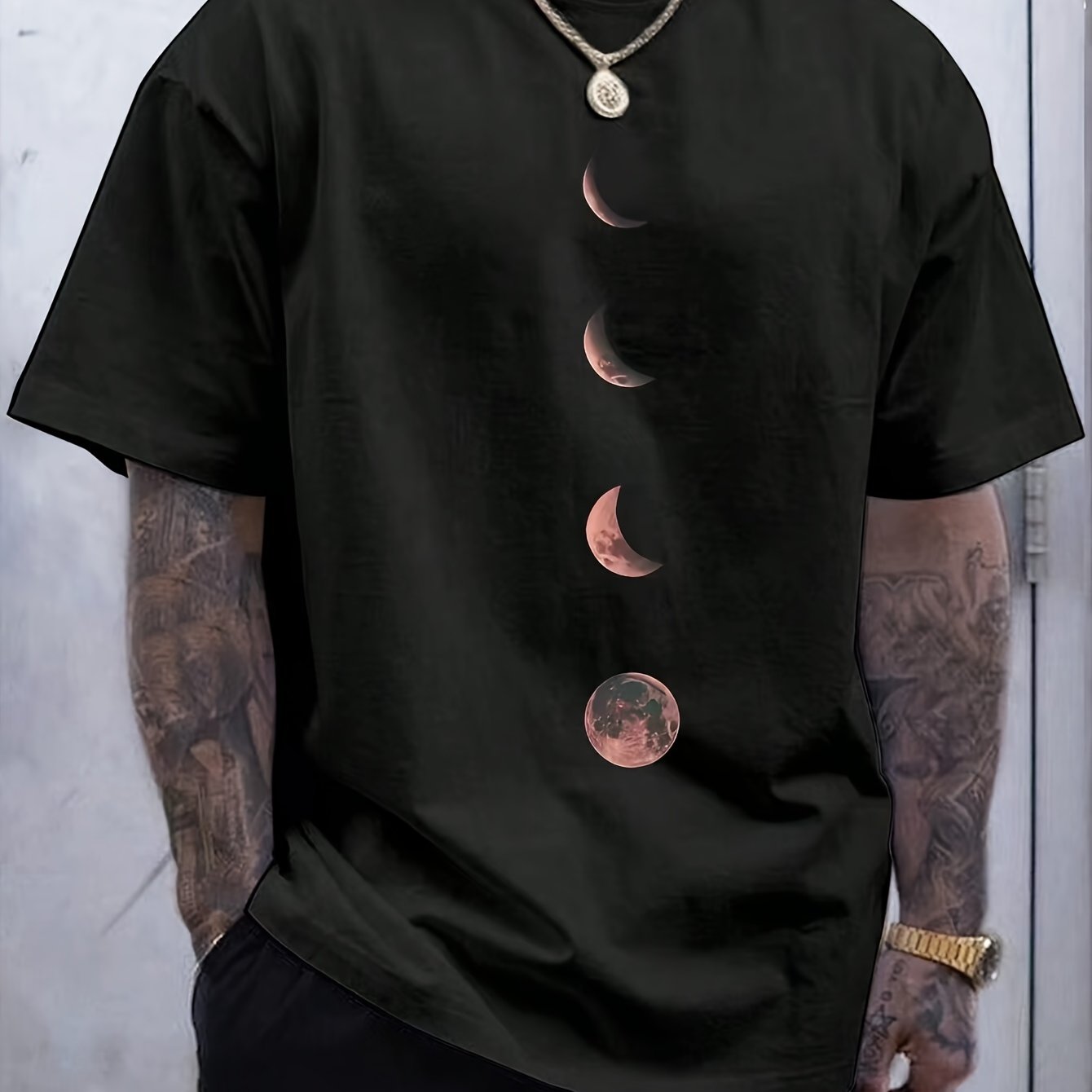 Տղամարդկանց վերնաշապիկ՝ Moon Print, Crew Neck, Ամառային հագուստ, Մեծահասակների Տրիկոտաժե Գործվածք, Սովորական Հարմարեցում