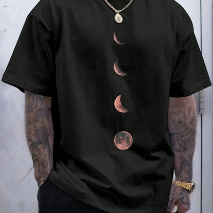 Տղամարդկանց վերնաշապիկ՝ Moon Print, Crew Neck, Ամառային հագուստ, Մեծահասակների Տրիկոտաժե Գործվածք, Սովորական Հարմարեցում