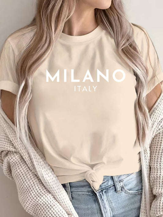 Women'S Casual Polyester T-Shirt with "Milano Italy" Letter Print, Short Sleeve Crew Neck Top, All-Season Knit Fabric Tee, Regular Length - 180gsm