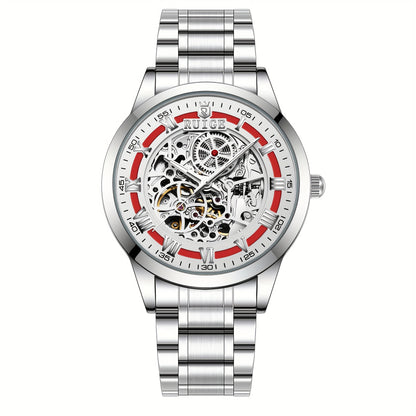 Dianpai Men'S Luxury Automatic Mechanical Watch - Skeleton Design, Stainless Steel Strap, Blue & White Dial, Mechanical Movement, Ideal for Christmas, Thanksgiving, and Spring Festival, Without Battery