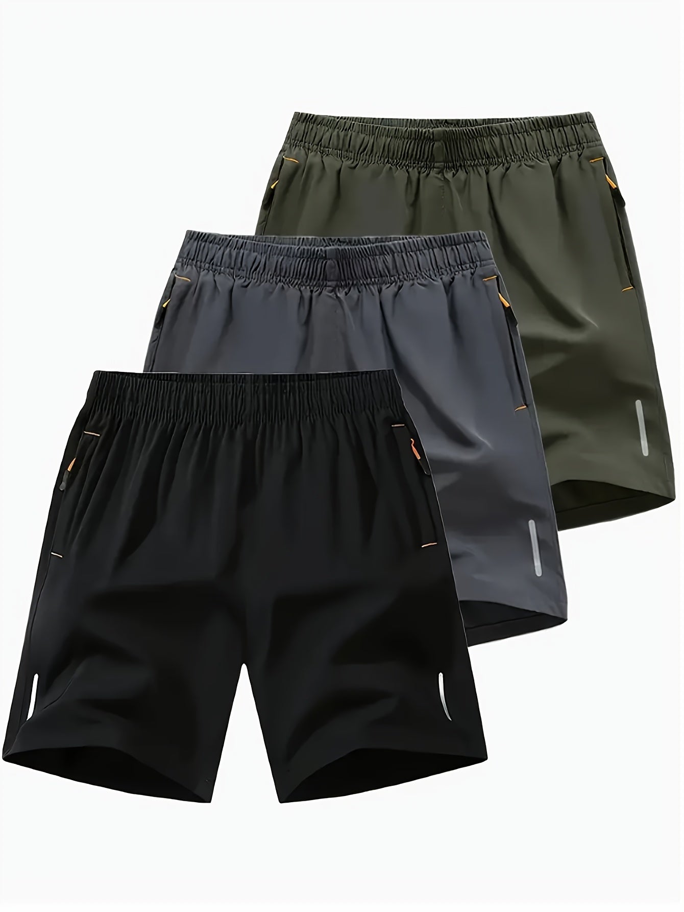 3-Pack Men'S Fashion Sports Casual Shorts, 97% Polyester 3% Elastane, Solid Color, Zipper Detail, Woven Fabric, Slight Stretch, Loose Fit, 117g/m² Weight