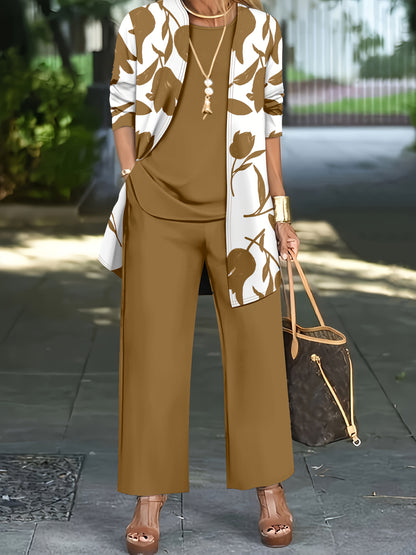 Women'S 3pcs Set, Floral Print Cardigan with Solid Color Cami and Wide-Leg Pants Casual Outfit