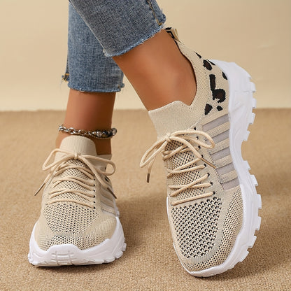 Women's Fashion Leopard Print Lace-Up Sneakers, Breathable Mesh Walking Shoes for Spring/Summer, Lightweight Comfortable Casual Sports Control Footwear with PVC Sole and Microfiber Insole
