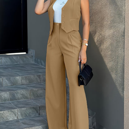 Solid Color Stylish Pantsuits, Button Front Fake Pocket Sleeveless Vest & High Waist Pleated Pants Outfits, Women'S Clothing