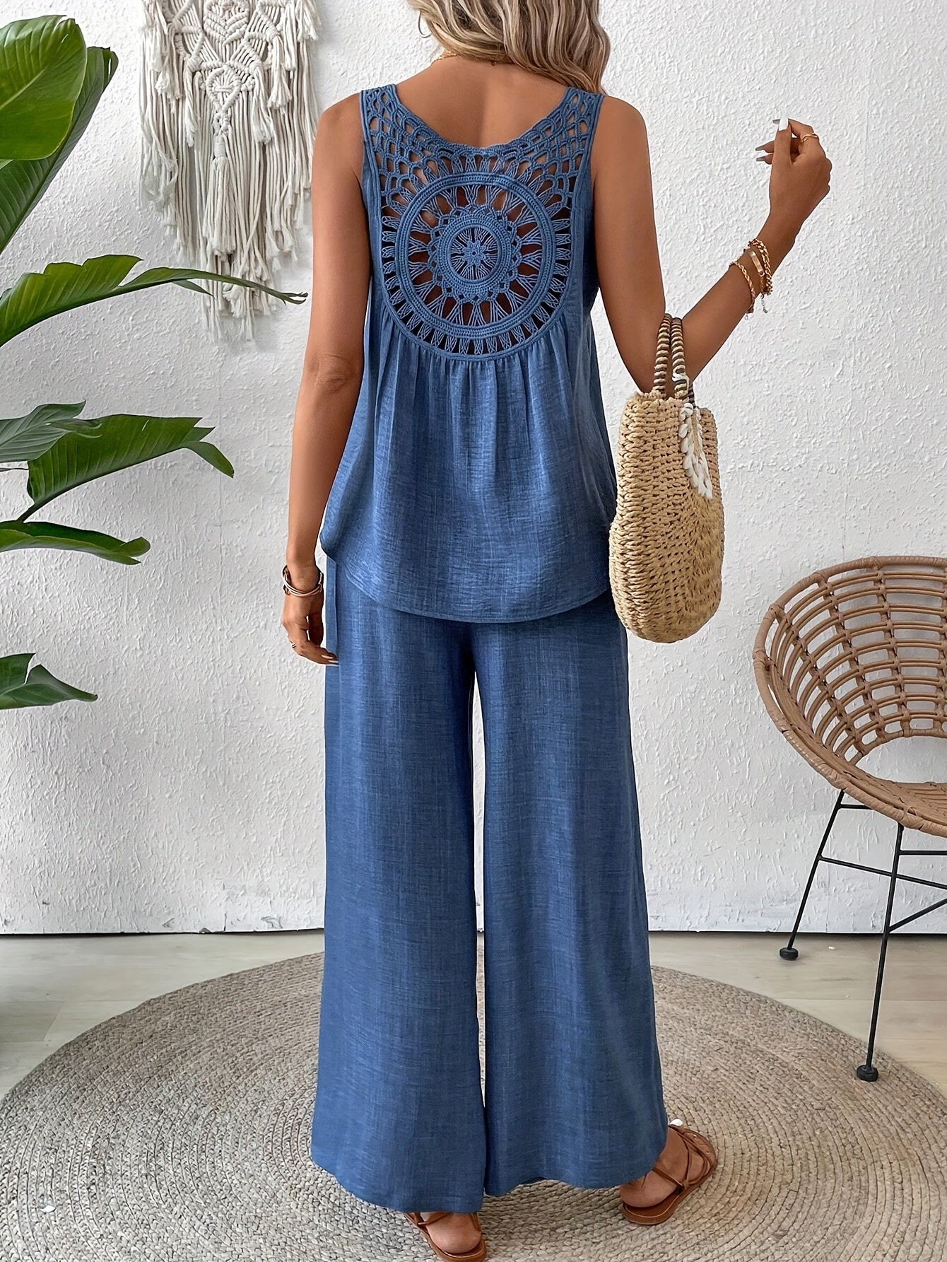 Women'S Summer Backless Cut-Out Panel Tank Top + Wide Leg Pants Set - Casual, Simple, Sleeveless, Polyester, Light Beige, Perfect for Spring/Summer, Casual Attire|Backless Top|Polyester Fabri
