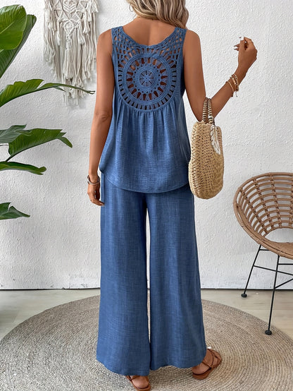 Women'S Summer Backless Cut-Out Panel Tank Top + Wide Leg Pants Set - Casual, Simple, Sleeveless, Polyester, Light Beige, Perfect for Spring/Summer, Casual Attire|Backless Top|Polyester Fabri