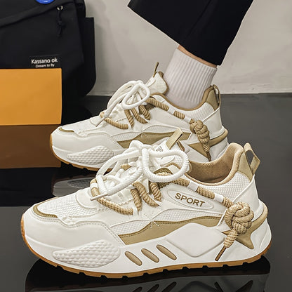 Women's Lightweight Running Shoes - Breathable Mesh & PU Foam Upper, Neutral Support Design, All-Season Comfort with Durable Rubber Sole for Gym, Walking, Casual Wear - White & Beige, Gym Trainers | Sleek Trainers | Fabric In