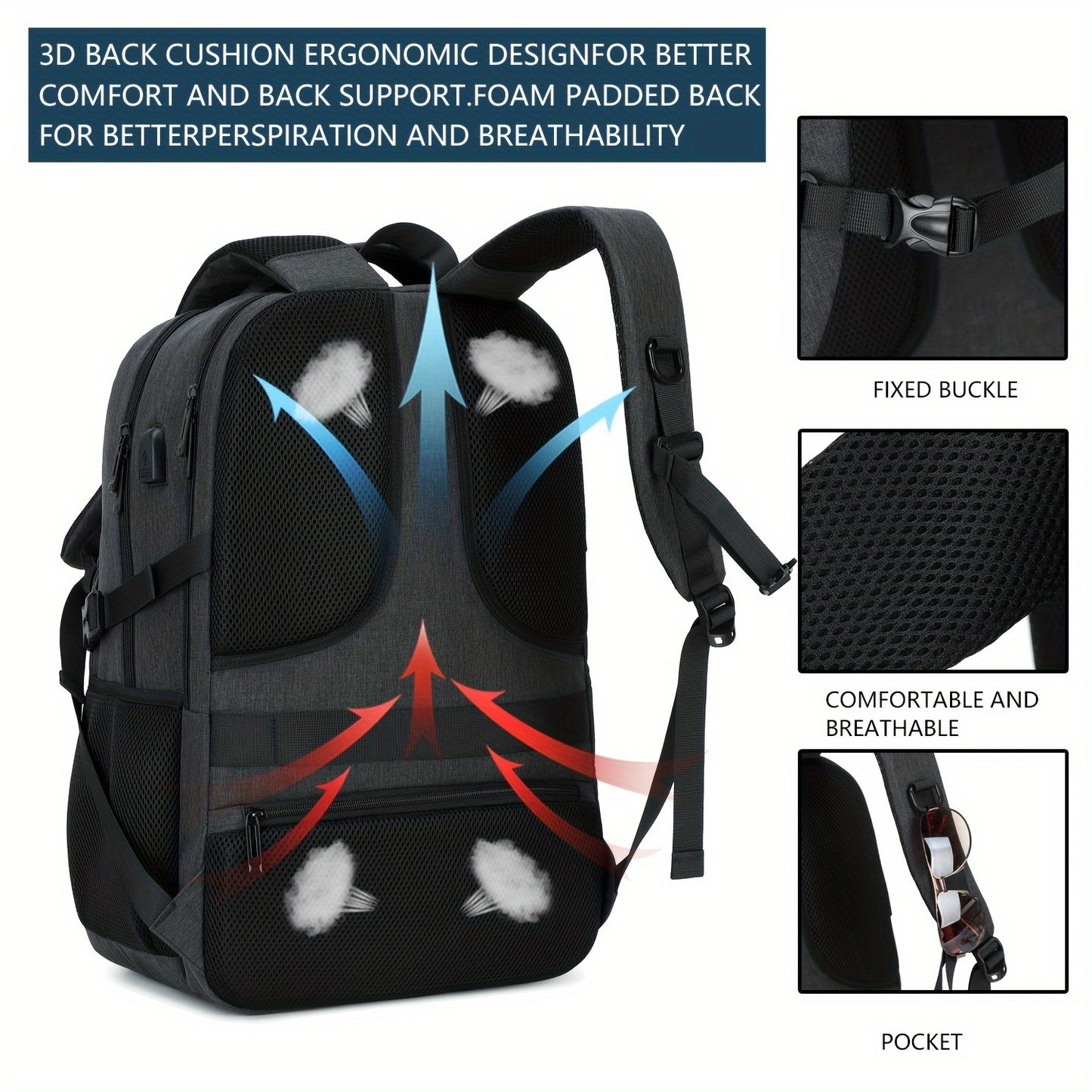 Travel Laptop Backpack, Business Slim Durable Laptop Backpack With USB Charging Port And Trolley Cover, Male And Female College High School Laptop Bag For 15.6 Inch Laptop