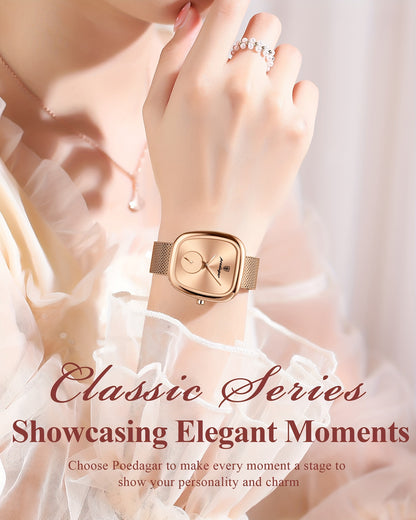 POEDAGAR Elegant Women's Quartz Watch - Waterproof, Stainless Steel Mesh Band, Rose Golden Square Dial, Black Strap, Perfect for Parties & Casual Attire, Stylish Timepiece | Elegant Design | Mesh Strap Watch, Watch Accessorie