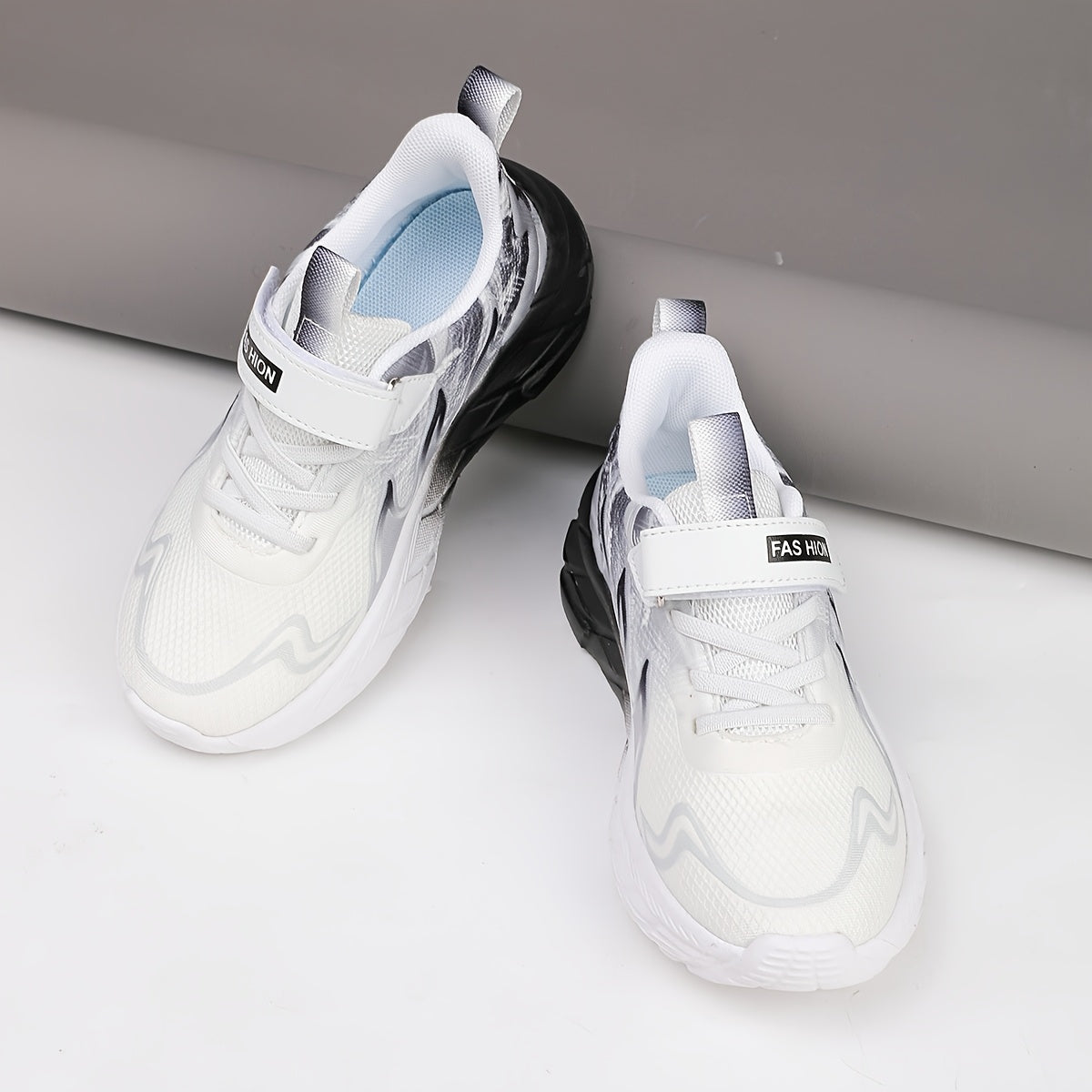 Youngsters' Low-Top Breathable Mesh Running Shoes with EVA Sole - Lightweight Comfortable Casual Outdoor Sneakers, White with Black Accents & Hook-and-Loop Closure for Boys and Girls, Kid Shoes, Youngsters Sports Footwear, St