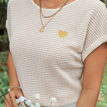 Women'S Brown Knit Short Sleeve Top with Golden Heart Design - Casual Spring/Summer Blouse, Casual Wear|Knit Texture|Short Sleeve Top