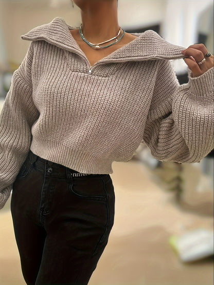 Autumn and Winter Half-Zip Short Fashion Lantern Sleeve Pullover Sweater to Show Your Figure and Versatile