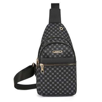 Men's Stylish Geometric Print Sling Bag - Black & White Crossbody Chest Pack with Golden-Tone Zippers, Compact Travel & Everyday Commute Backpack, Modern Accessory | Textured Finish, Crossbody Bag