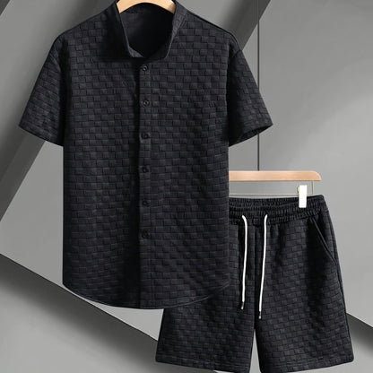 Men'S Casual Summer Short Sleeve Shirt & Shorts Set - Light Blue, Button-Up, Polyester, Perfect for Casual Attire, Parties, and Outdoor Activities, Casual Summer Wear|Short Sleeve Shirt|Polyester Fabri