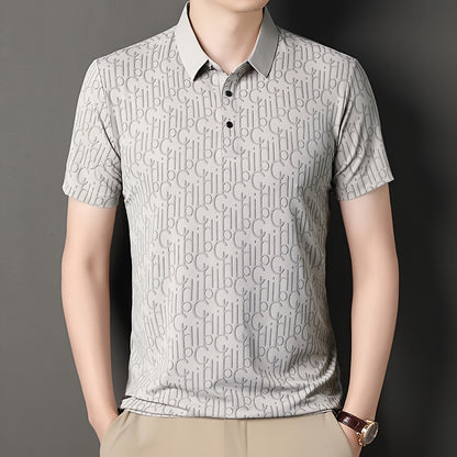 Men'S Casual Summer Short Sleeve T-Shirt with "Gil" Letter Print, Light Gray, Button-Up Collar, Medium Stretch Fabric, Regular Fit, Perfect for Weekend Outings, Relaxed Outing Shirt | Letter Print Tee | Medium Stretch Fabric