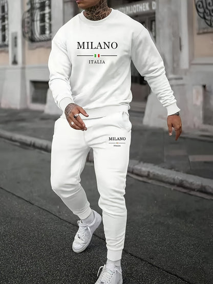 Men's Fashion Casual Sports MILANO Round Neck Sweatshirt and Pants 2pcs Set - Xingfan