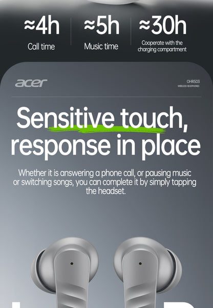30 ժամյա անլար ականջակալներ Acer OHR503 Mini Sport անլար ականջակալներ | Անլար ստերեո, երկար 30 ժամյա սպասման ռեժիմ, աղմուկի մարում, հարմարավետ կրելու համար | Համընդհանուր չափս, վերջին մոդել, հպումային կառավարում