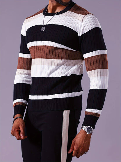 Men's Striped Color-Block Ribbed Knit Sweater - Long Sleeve Round Neck Pullover with Elastic Comfort Fit, Machine Washable Casual Fall Winter Top in Black/White/Green/Beige, Knit Sweater, Medium Elasticity