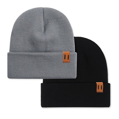 2pcs Fashion Faux Leather Label Knit Hat Set for Autumn and Winter, Outdoor Warm Ear Protection Knitted Cap Wholesale Lightweight Beanie