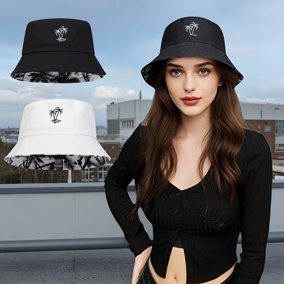 1pc Unisex Bucket Hat - Double-Sided Coconut Tree, Lightweight Fisherman Cap with Wide Brim, Elastic Fit for Beach, Travel, Everyday - Men & Women (Black/White/), Beach Hat, Travel Headwear, Detail
