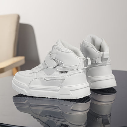 Boys & Girls Mid-Top Sneakers with Closure - Lightweight PU & EVA Cushioned Sole, All-Season Comfort for School, Play & Casual Wear - White