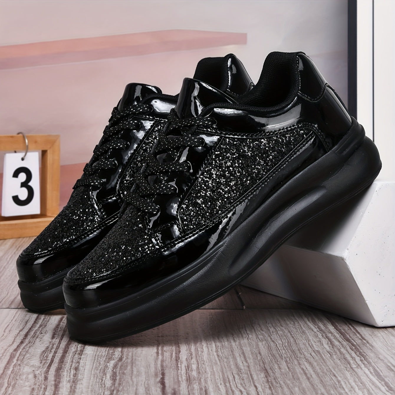 Men's Low-Top Casual Sneakers - Black Sparkling Embellishments, Breathable PU Upper & EVA Cushioned Sole, Lace-Up Comfortable Walking Shoes for Men & Women, Comfortable Footwear | Sleek Shoe Design | Flexible Footwear