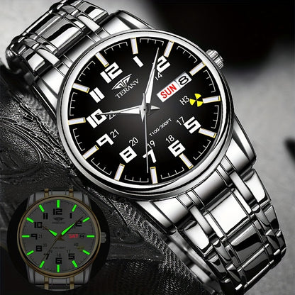 1pc New Stainless Steel with Digital Men's Watch Calendar Week Display Fashion Trend Life Travel Luminous Casual Sport Business Watch Ideal for Birthday Gifts Holiday Gifts Gifts