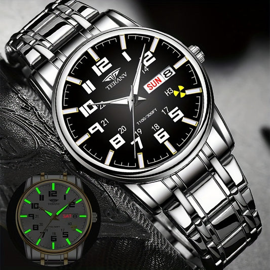 1pc New Stainless Steel with Digital Men's Watch Calendar Week Display Fashion Trend Life Travel Luminous Casual Sport Business Watch Ideal for Birthday Gifts Holiday Gifts Gifts