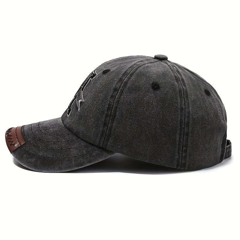 1pc Vintage Washed Cotton Baseball Cap with Embroidered Letter "M" - Adjustable Snapback, Lightweight Sun Hat for Men & Women, Black with Brown Band, Adjustable Baseball Cap