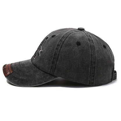 1pc Vintage Washed Cotton Baseball Cap with Embroidered Letter "M" - Adjustable Snapback, Lightweight Sun Hat for Men & Women, Black with Brown Band, Adjustable Baseball Cap