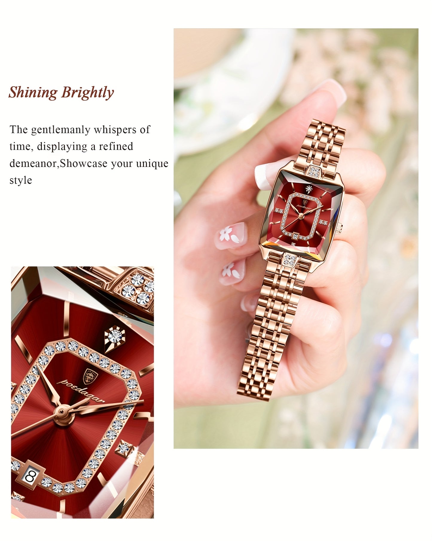 POEDAGAR Elegant Women's Quartz Watch - Rose Golden Stainless Steel, (3ATM), Square Dial with Gemstone Accents, Date Display, Luxury Fashion Accessory for Casual or Formal Occasions