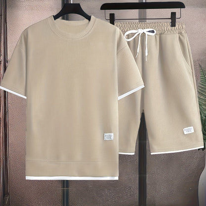 Waffle short-sleeved T-shirt Men's casual sports suit summer loose fake two-piece half-sleeve T-shirt set