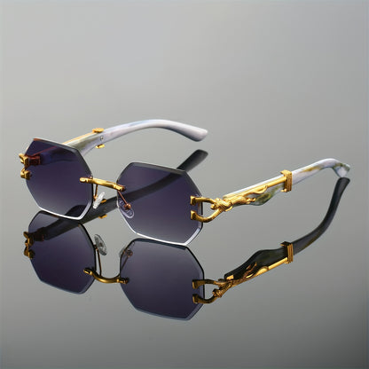 1pc Retro Frameless Glasses for Men & Women, Irregular Shaped PC Lens, Metal Hinge, Climbing Sports, Imitation Wood Grain, Fashionable Decorative Eyewear, Suitable for Daily Wear & Holiday