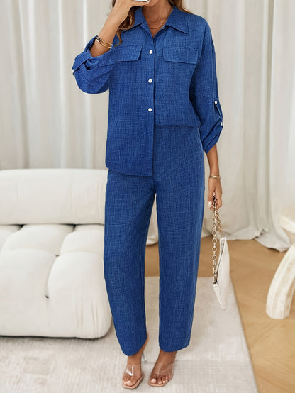Elegant Women's Two-Piece Outfit: Solid Color Button-Up Shirt & Wide-Leg Pants Set - Polyester, Machine Washable - Perfect for Spring/Fall