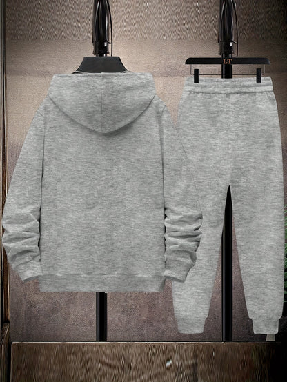 Men's Athletic Fleece Hoodie & Jogger Set - Sporty Gray with Black Accents, Zip-Up Jacket and Drawstring Pants, Polyester, Machine Washable for Fall/Winter