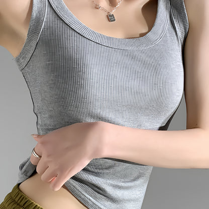 1pc Women'S Casual Ribbed Tank Top, Solid Color Knit Vest with Side Stripe Detail, Low Neck Polyester Camisole for All Seasons, Versatile Layering Piece