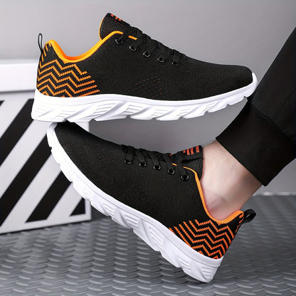 Men's Knitted Breathable Running Shoes, Lightweight Non-Slip Soft Sole, Comfortable for Outdoor Walking, Jogging, Fitness, Daily Activities, EVA Sole, Fabric Upper, Low-Top, Lace-Up Closure, Striped Pattern, All-Season Fashio