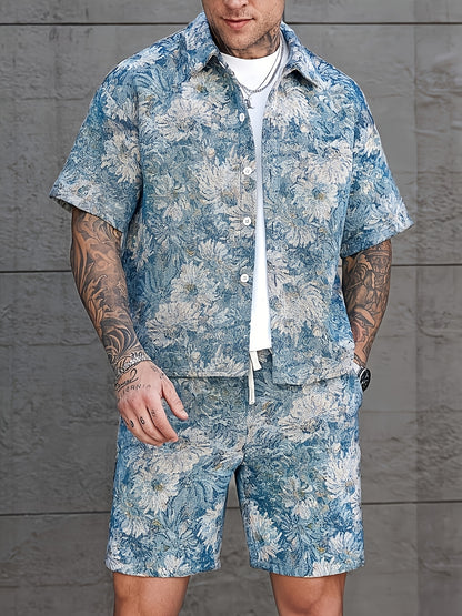 Men'S Summer Casual Short Sleeve Shirt & Shorts Set - Tropical Print, Loose Fit, Button-Up with Collar, Lightweight Polyester Fabric for Outdoor & Leisure Activities, Summer Casual Wear | Tropical Print Shirt | Lightweight Fa